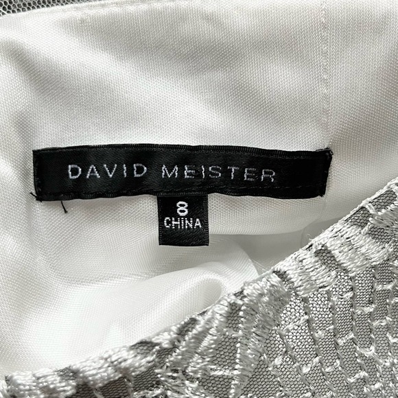 David Meister Lace Overlay Sheath Cocktail Dress in Metallic Silver Geo, Size 6 - Picture 5 of 14